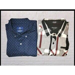 Lot of 2 Men’s Large Button Down Shirts – Plaid Moto + Polka Dot Dress Casual